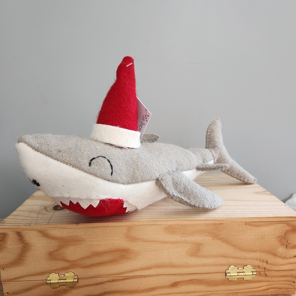 Felted Gray Christmas Shark with Red Santa Hat NWT